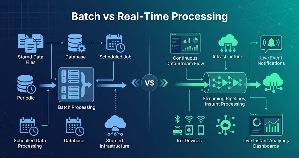 batch processing vs real time streaming data processing workflow in modern data engineering systems