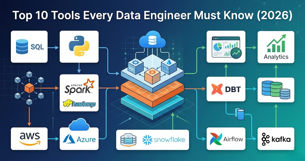 top data engineering tools ecosystem including spark sql python aws dbt and cloud technologies in 2026