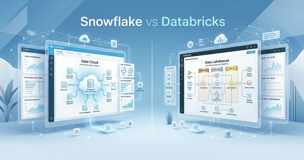 Snowflake vs Databricks comparison banner showing cloud analytics, big data pipelines, enterprise dashboards, and modern data engineering platforms.