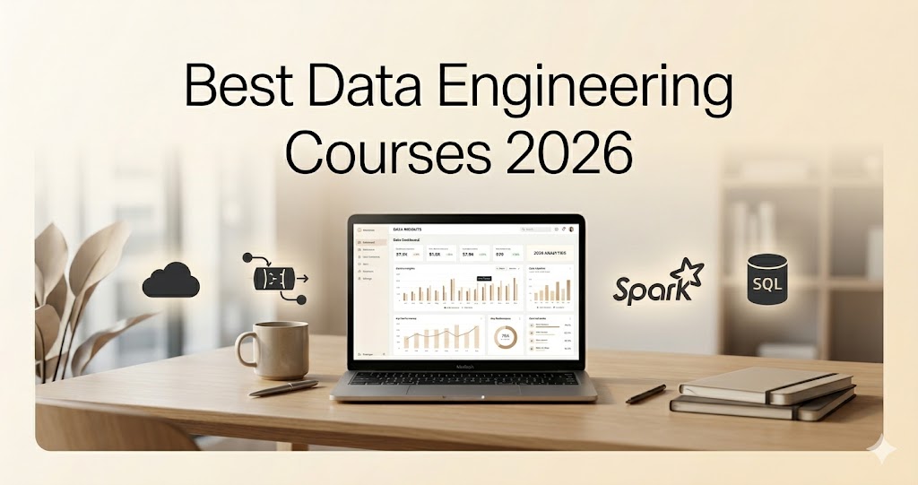 Best Data Engineering Courses 2026 blog banner with cream background, modern data engineering workspace, analytics dashboard, cloud technology icons, and professional learning setup.