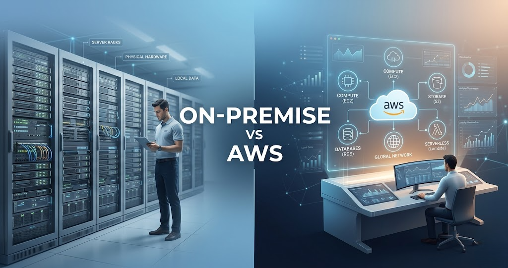 On-Premise vs AWS data engineering comparison banner showing traditional servers and cloud infrastructure with modern analytics visuals.