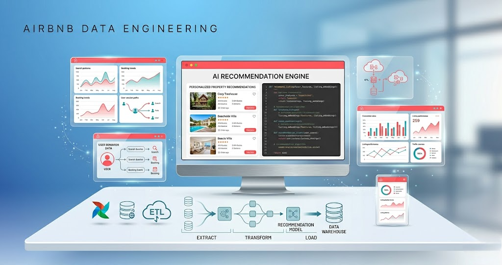 Airbnb data engineering banner showing personalized recommendation systems, cloud analytics dashboards, AI-powered travel suggestions, and real-time user data processing.