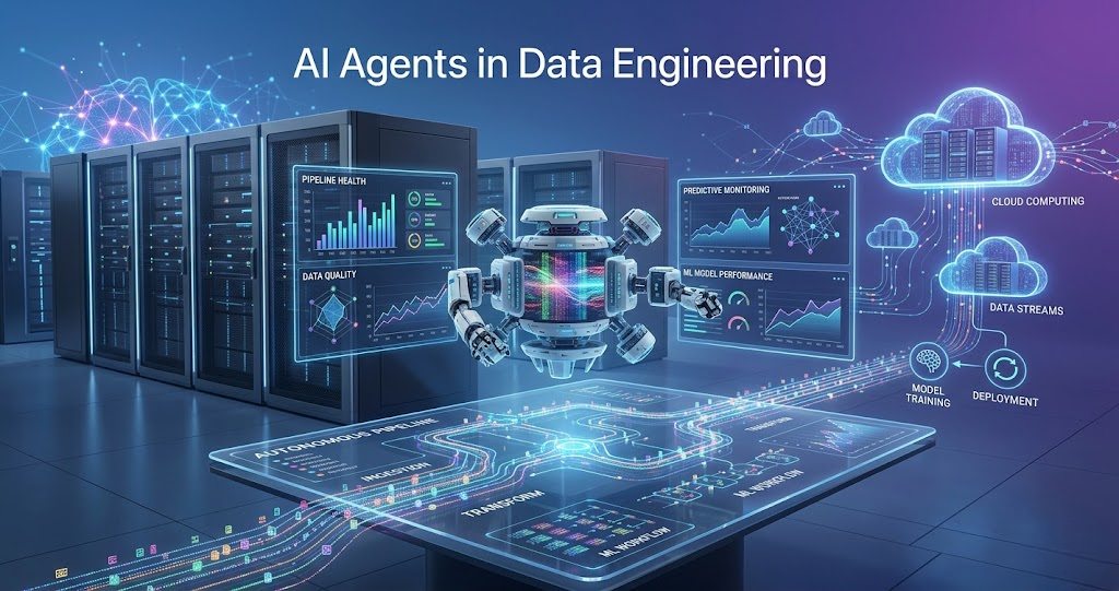 AI agents in data engineering banner showing autonomous data pipelines, cloud analytics dashboards, machine learning systems, and intelligent automation workflows.