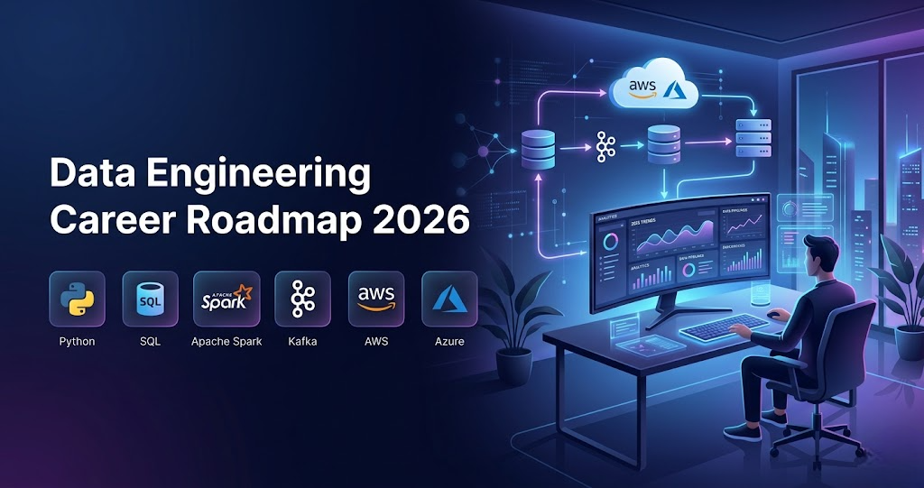Professional illustration showing a modern data engineering career roadmap with cloud platforms, data pipelines, analytics dashboards, and big data technologies in a futuristic workspace.