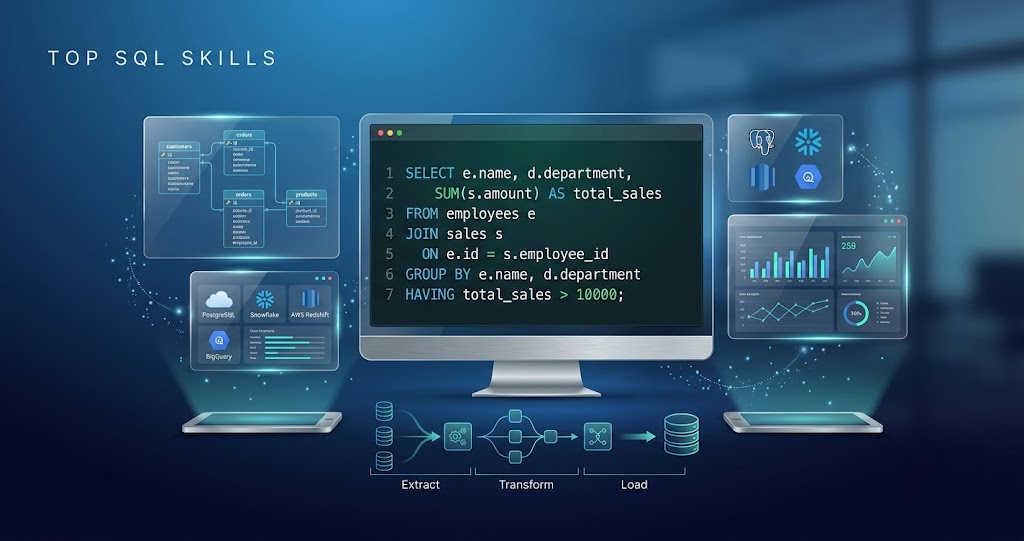 Top SQL skills for data engineers banner showing SQL queries, cloud databases, ETL pipelines, analytics dashboards, and modern data engineering tools.