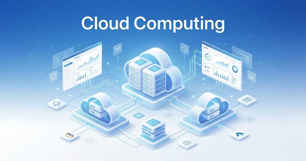 Cloud computing banner showing cloud infrastructure, data pipelines, analytics dashboards, and scalable technology systems for modern data engineering.
