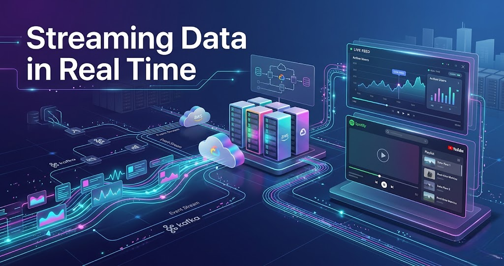 Streaming data architecture showing real-time data pipelines, cloud processing systems, analytics dashboards, and modern streaming platform infrastructure for Spotify and YouTube style applications.