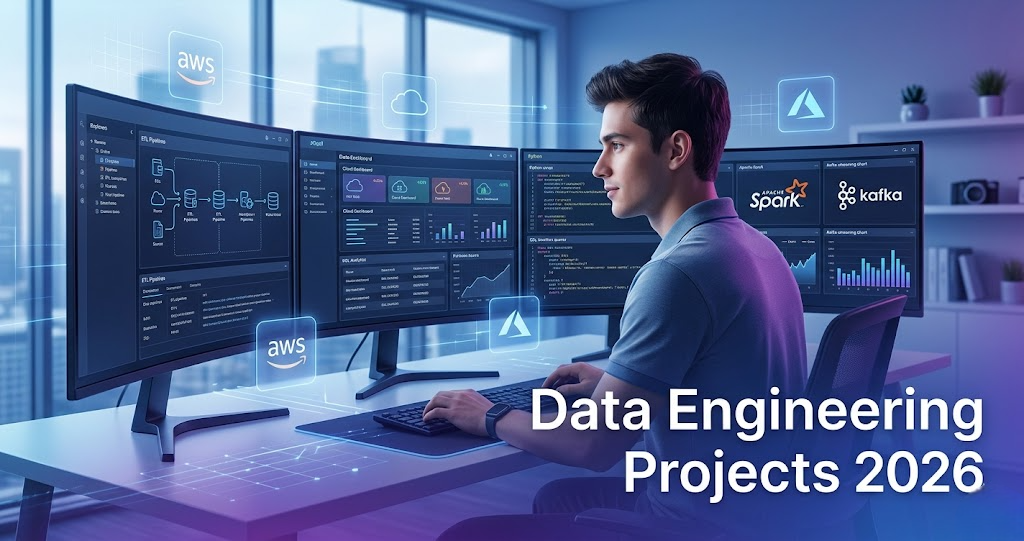 Best data engineering projects for freshers banner showing ETL pipelines, cloud analytics, Apache Spark, Kafka streaming, and modern data engineering tools.